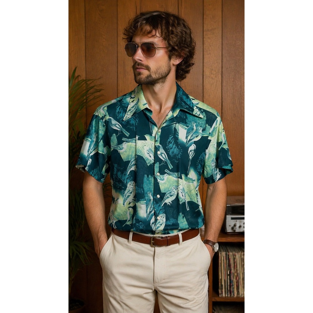 Vintage 70s Mens Bird Owl Print Shirt XL Donegal Disco‎ Nature Teal Short Sleeve